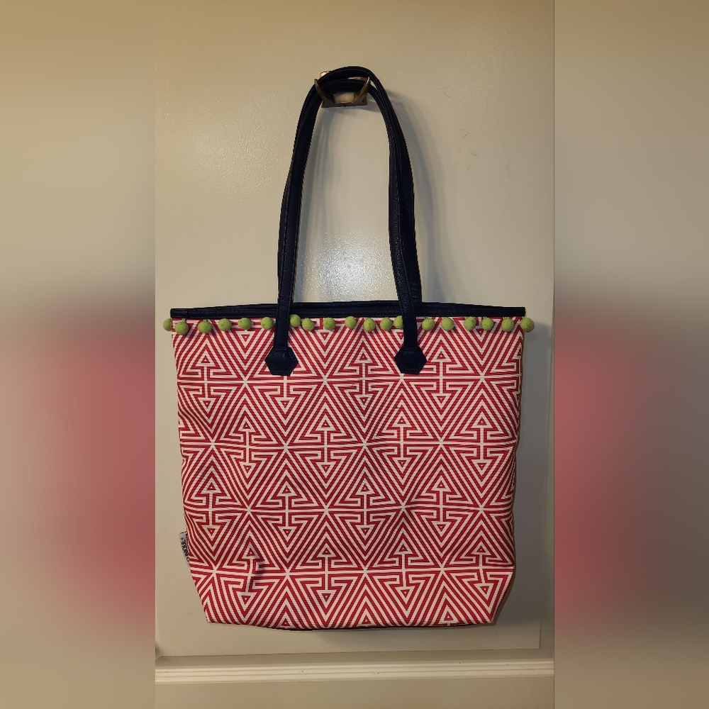 Clinque Joseph Adler Tote, Size Large, Pink and White (Geometric pattern)